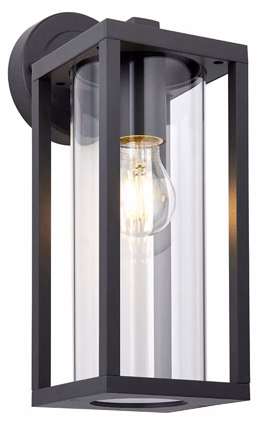 Applique da esterno a forma di tubo con griglia HAMDEN, nero-trasparente, 1xE27x10W, alluminio, dimensioni: 35x13x19,5 cm, IP44, Endon