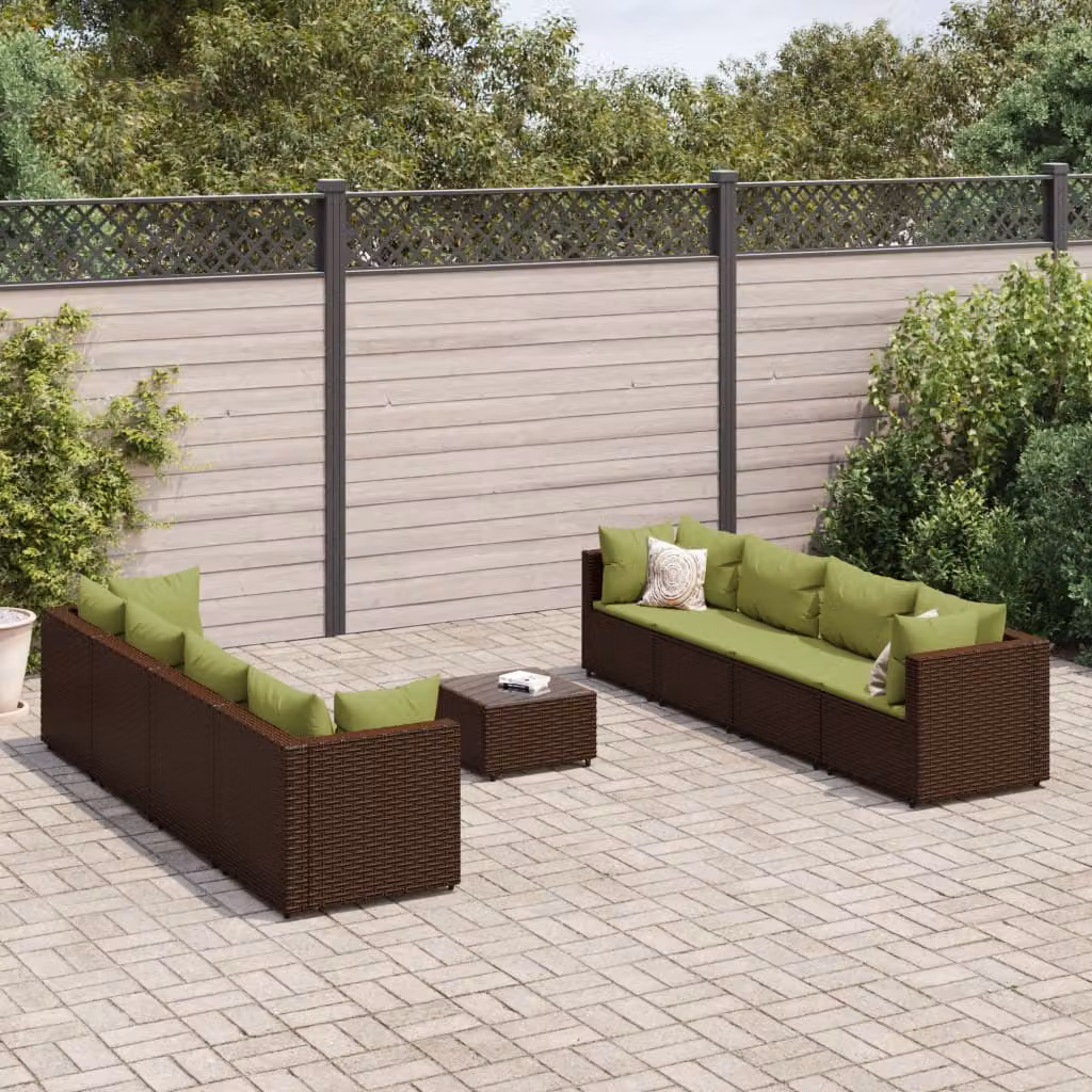 vidaXL Set Divani da Giardino 9 pz a Forma a L con Tavolino in Vetro e Cuscini, Polyrattan Marrone e Verde