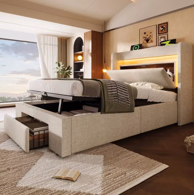 Letto contenitore 90x200 cm con LED; USB e USB C; beige; lino