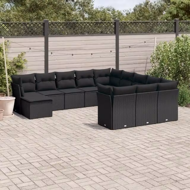 Set di divani da giardino VIDAXL in polyrattan nero con cuscini, 12 posti