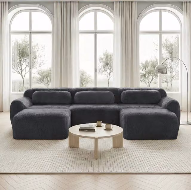 Divano modulare senza struttura in tessuto plush; 291×179×73 cm; grigio