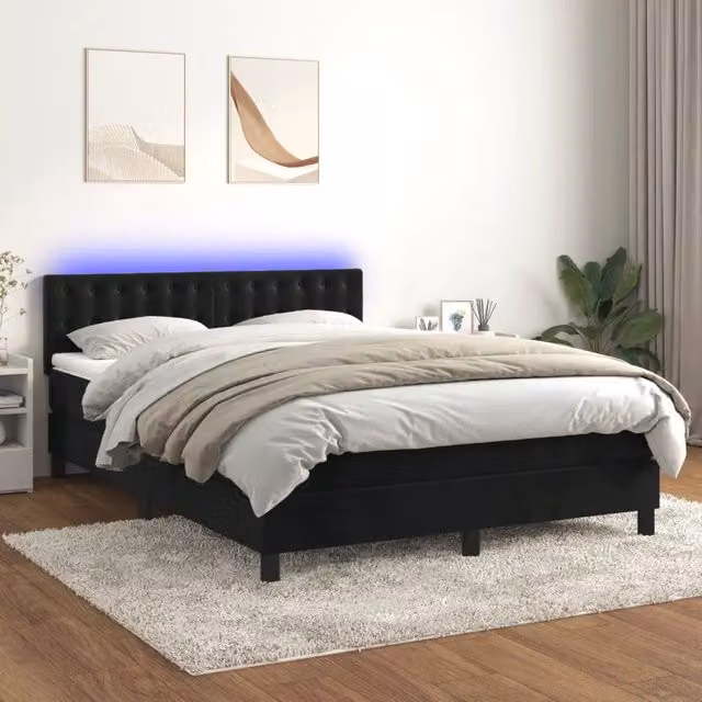 Letto matrimoniale moderno vidaXL in velluto nero con materasso ibrido, illuminazione LED sottostante e porta USB, L/P/H: 144 x 193 x 88 cm