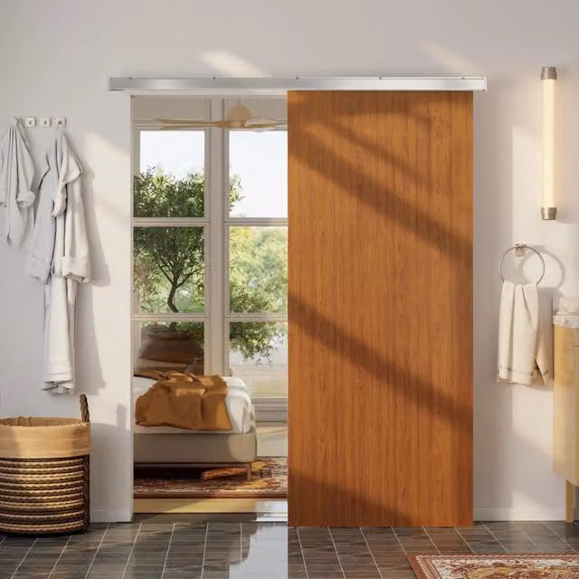 Porta Scorrevole Design In in Legno MDF con Binario in Lega di Alluminio, Marrone e Argento, L: 90 cm, H: 210 cm