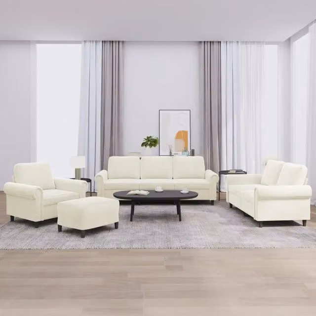 Set di divani 4 pezzi vidaXL in velluto beige con pouf e cuscini per soggiorno – 1