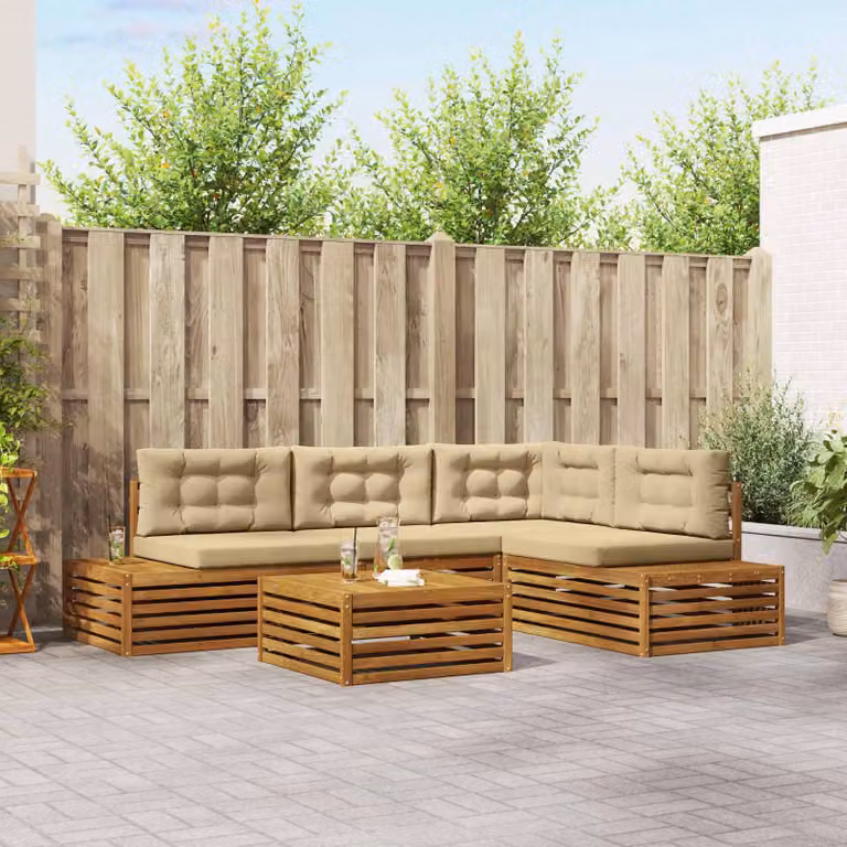 Set di divani da esterno vidaXL a forma di L composto da 5 pezzi con tavolino da caffè, in legno di acacia marrone e cuscini beige