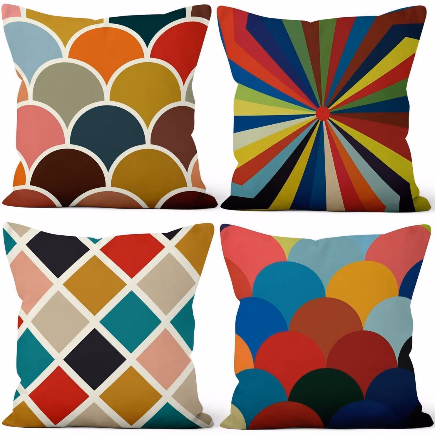 Set di 4 federe decorative, motivo geometrico, colori vivaci, tessuto in peluche corto, 40x40 cm