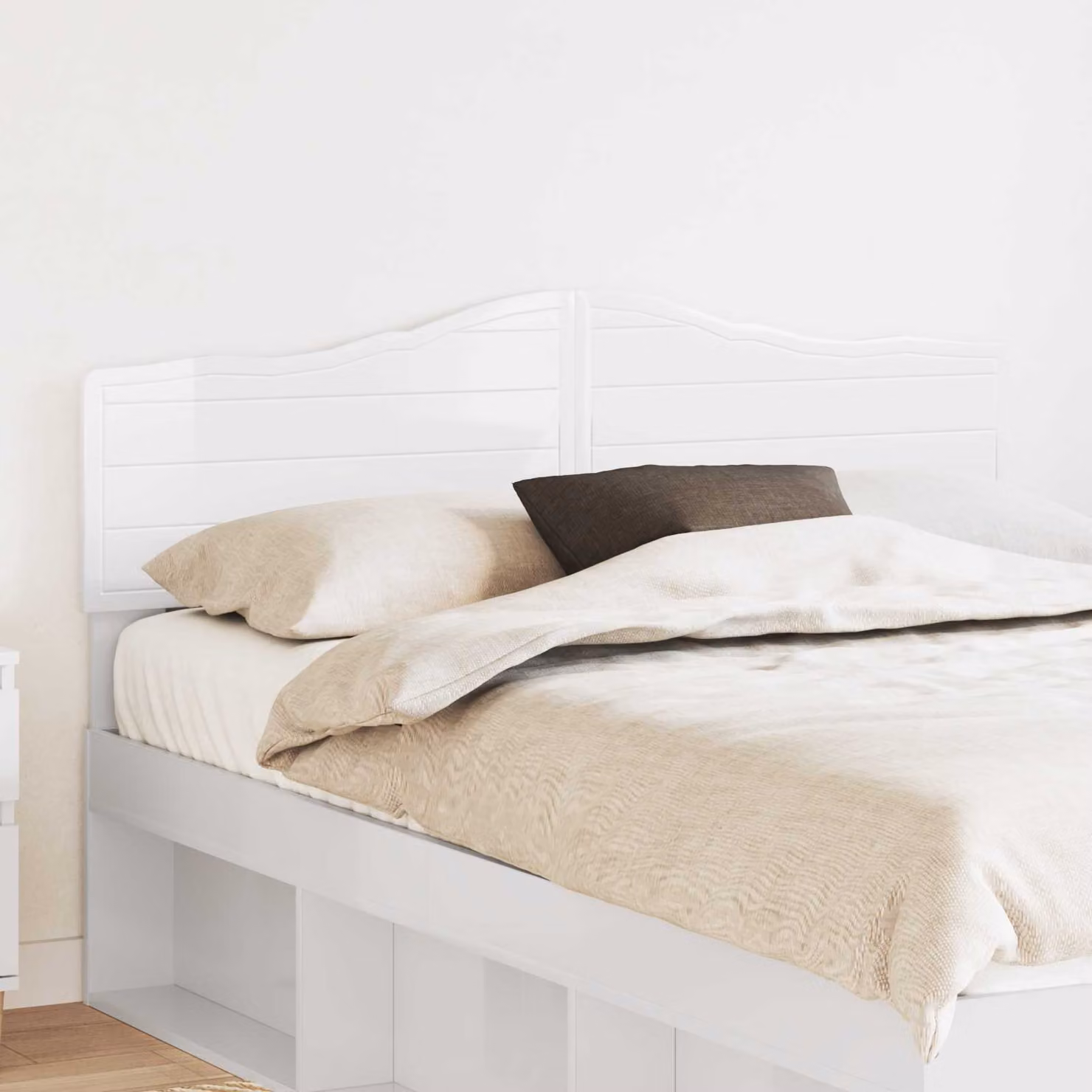 Testiera per letto vidaXL in legno ingegnerizzato bianco lucido con scomparti laterali L: 163 cm, H: 90 cm, P: 3 cm