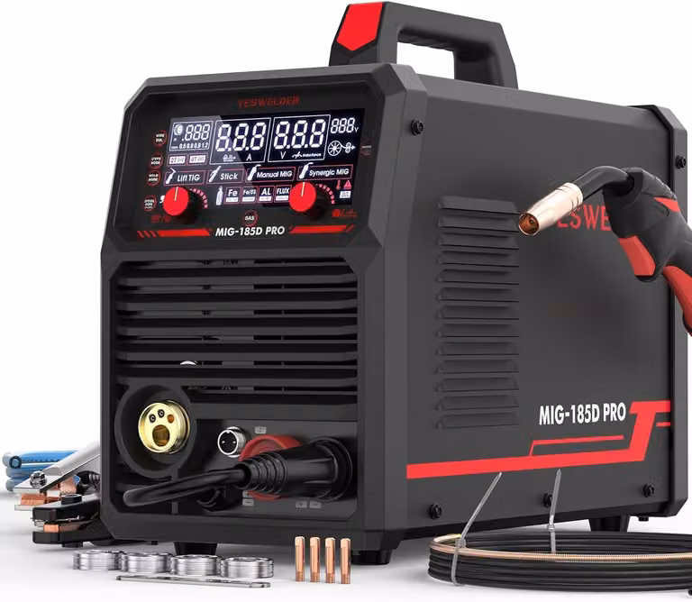 Saldatrice multifunzione 6 in 1: MIG (MAG, Flux Core, Gas), MIG con pistola avvolgitore, TIG (Lift), elettrodo. Saldatrice per alluminio con display LED digitale e controllo sinergico