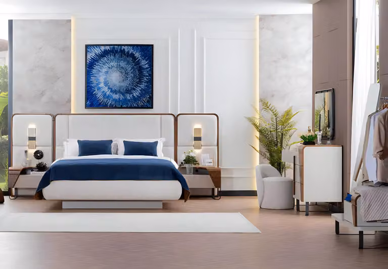 Komplette Schlafzimmermöbel Doppelbett Schminktisch Weiß 7tlg Stoff