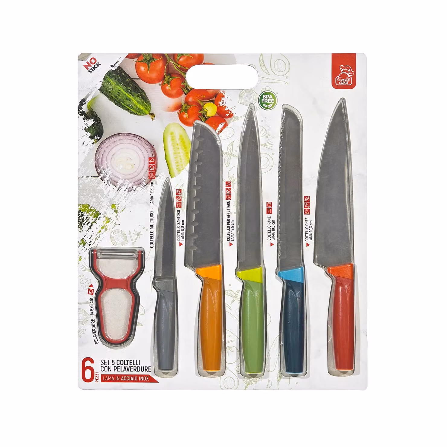 Set di 6 coltelli da cucina e pelaverdure multicolore Gusto Casa in acciaio inox e plastica