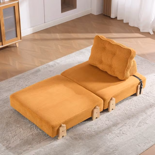 Desviae Poltrona letto pieghevole in velluto a coste arancione con struttura in legno e schienale imbottito per piccoli spazi