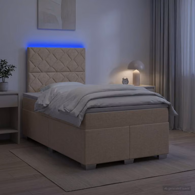 vidaXL Letto box spring con materasso in tessuto beige e bianco, con illuminazione sottostante e porta di ricarica USB, L/P: 120 x 200 cm