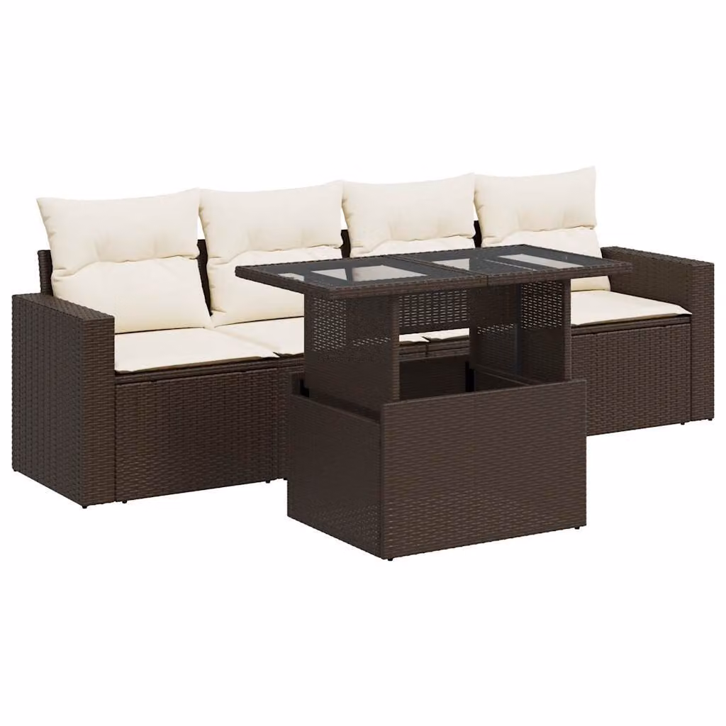 Set Divano da Giardino 5 pz con Cuscini Marrone in Polyrattan