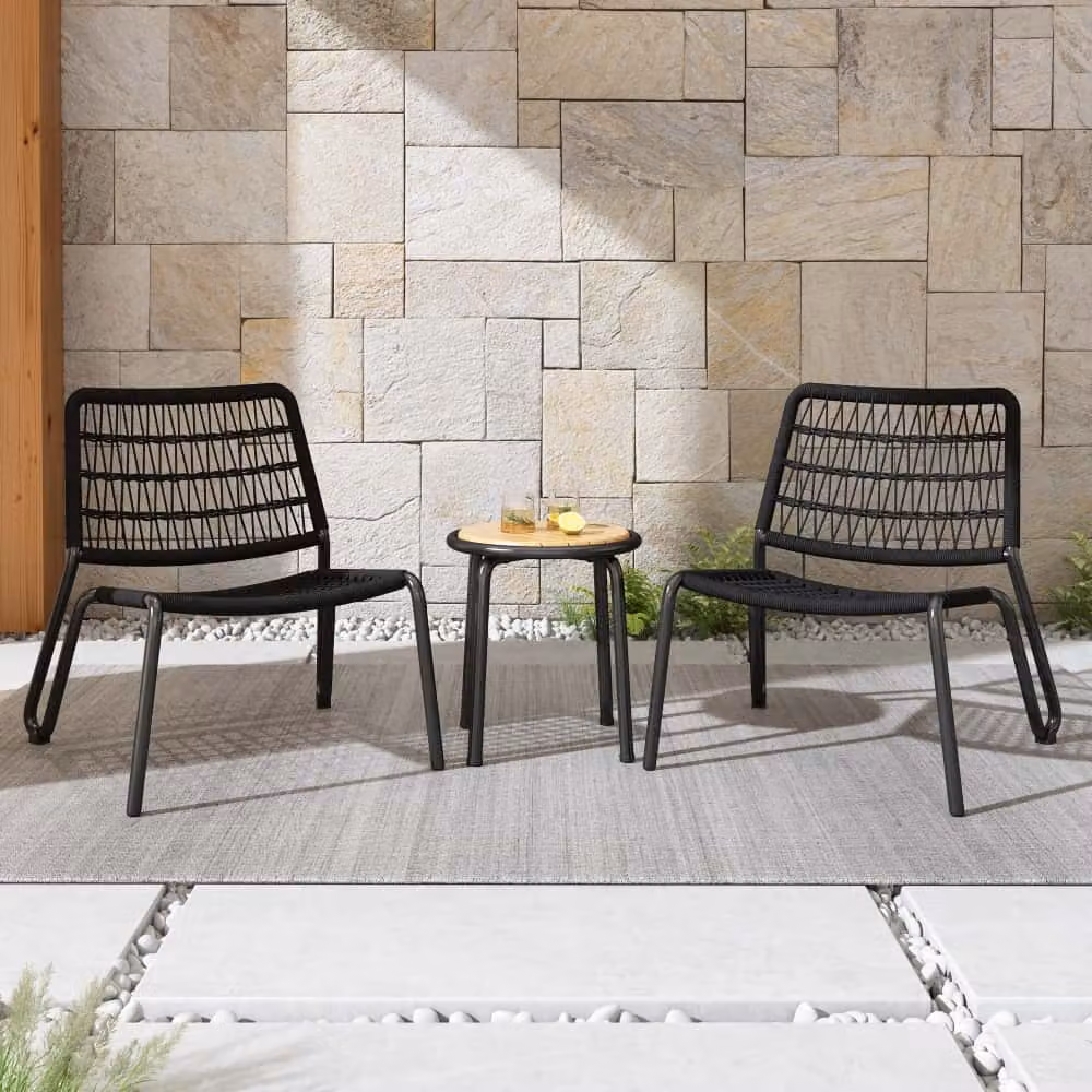 AIORBER Set bistrot 3 pezzi, set di mobili da balcone, in acciaio zincato, corda intrecciata a mano, piano del tavolo in legno d'acacia, per terrazza, 81x73,5x71,5cm, nero