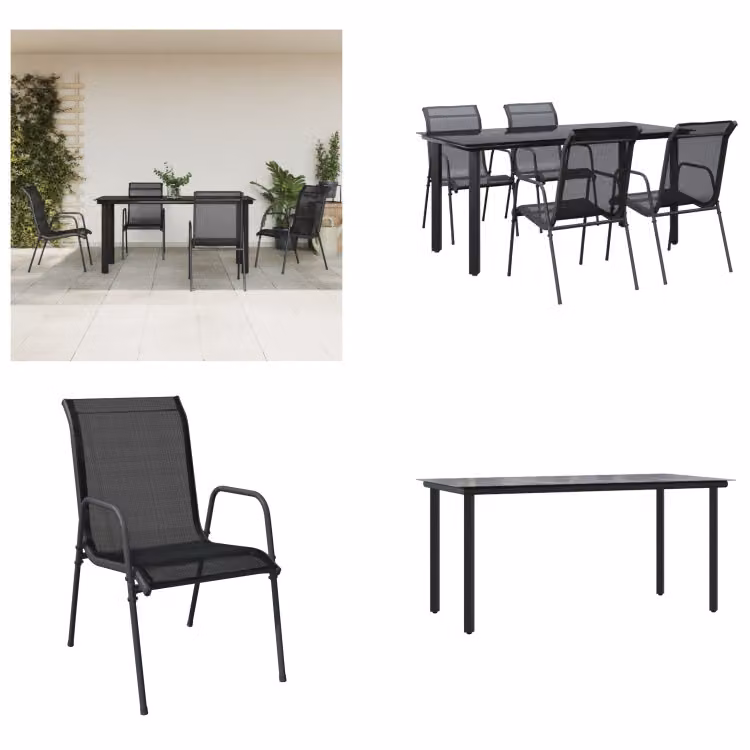 vidaXL Set da pranzo da giardino 5 pezzi in acciaio nero e textilene - set da pranzo da giardino - set di sedute da giardino - set di sedute da esterno - tavolo da giardino