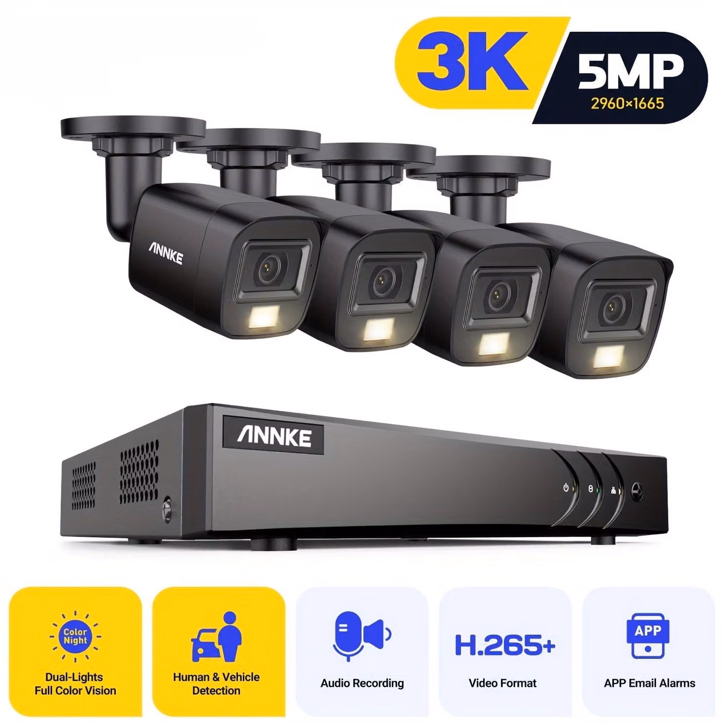 Sistema di sicurezza – Kit telecamera a 4 canali, risoluzione 3K – Rilevamento tramite intelligenza artificiale – Visione notturna con doppia illuminazione intelligente