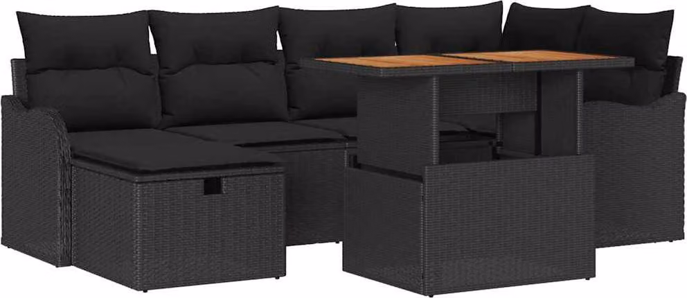 Set Divano da Giardino con cuscino 7 pcs Nero polyrattan