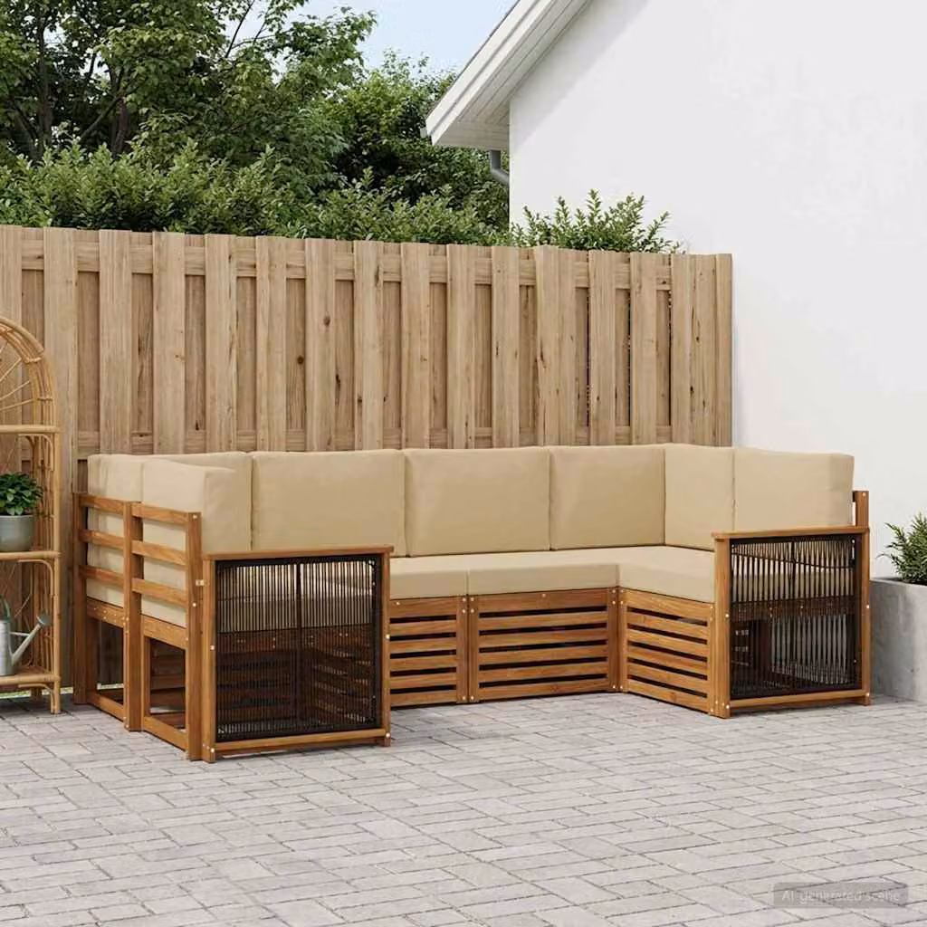 Set di divani da esterno vidaXL a forma di L in legno di acacia con cuscini, beige e marrone