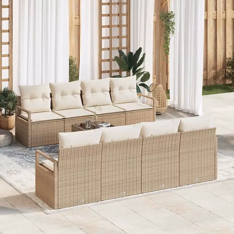 Set di divani da giardino vidaXL a forma di U composto da 7 pezzi con cuscini beige e bianco in rattan e struttura in acciaio