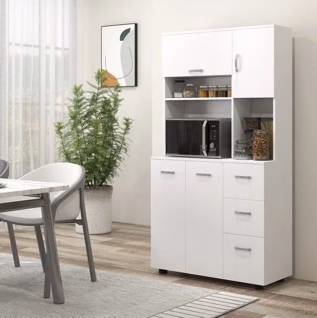 Credenza da cucina bianca con 3 cassetti, 3 ripiani regolabili, 89x39,5x168 cm