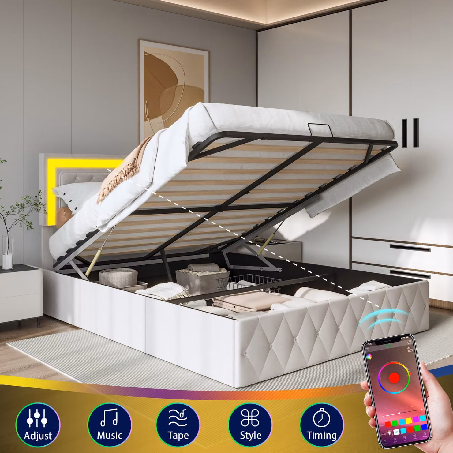 Letto imbottito UnboxG 160 x 200 cm con contenitore e box letto, letto matrimoniale LED per ragazzi con box letto, con testata e rete a doghe, con cuciture a bottoni, rivestimento in velluto, beige