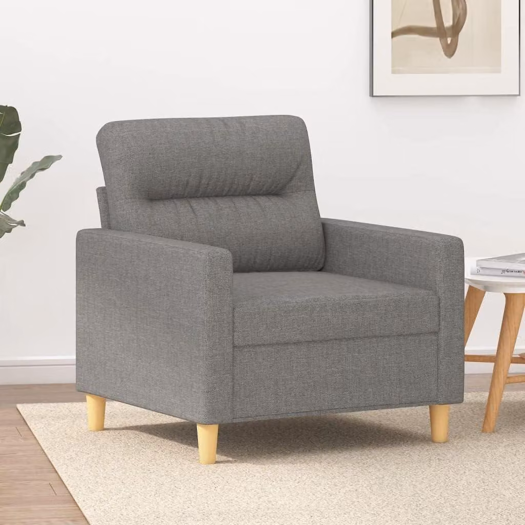 Poltrona da divano di colore grigio scuro, con una larghezza della seduta di 60 cm, realizzata in tessuto di poliestere resistente e con struttura in metallo