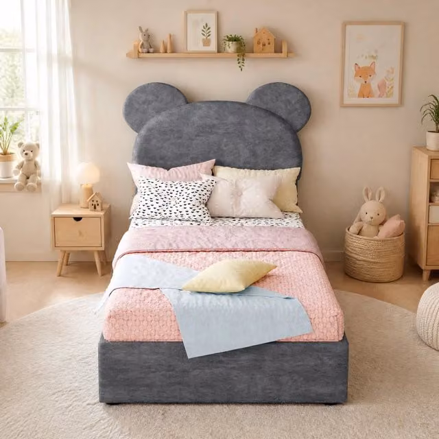 Letto singolo imbottito 90x200 cm con contenitore a sollevamento pneumatico; tessuto grigio