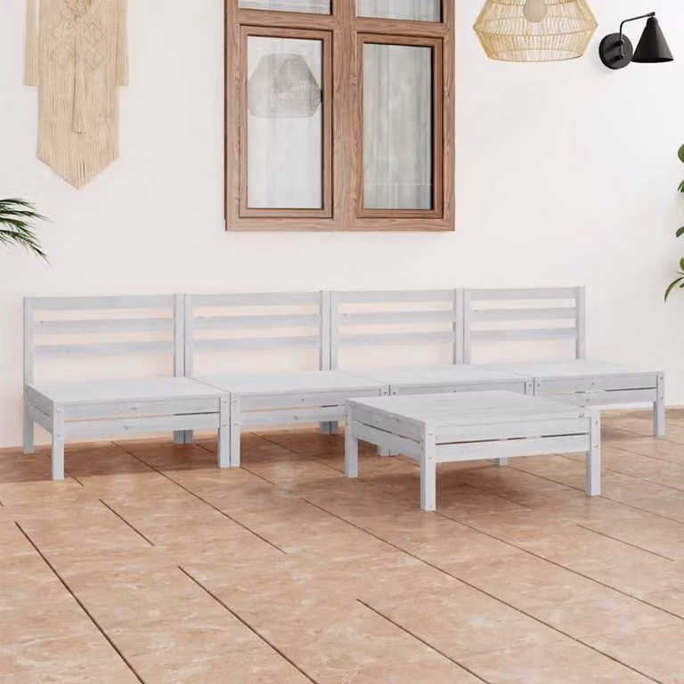 Set di divani da giardino vidaXL in legno di pino bianco con cuscini, composto da 3 sedute, elementi angolari e tavolino da esterno