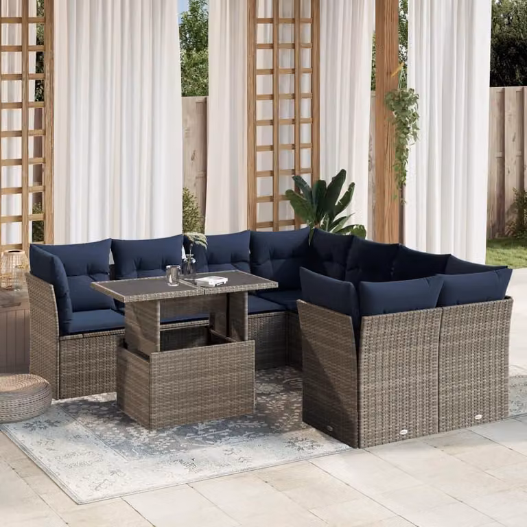 Maison Exclusive - Set di 9 pezzi per giardino con cuscini, grigio, polyrattan