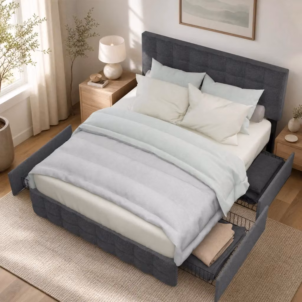 Letto Contenitore REDOM Grigio con 4 Cassetti e Testiera Regolabile L/P: 140 x 200 cm – 2