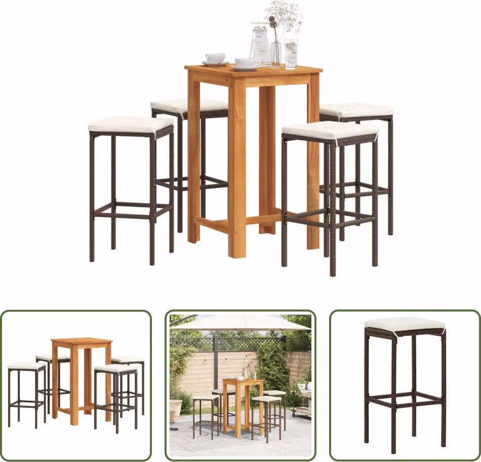 The Living Store Set bar da giardino 5 pezzi in legno massiccio di acacia marrone e poly rattan