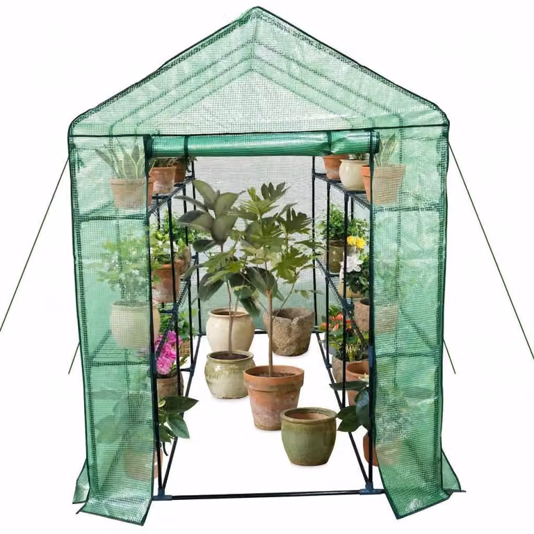 Serra da giardino - Tenda per piante accessibile - 142x210x190 cm - 3 livelli, 9 ripiani - Telo in PE impermeabile - Serra per pomodori - Porta a rullo con cerniera - Verde