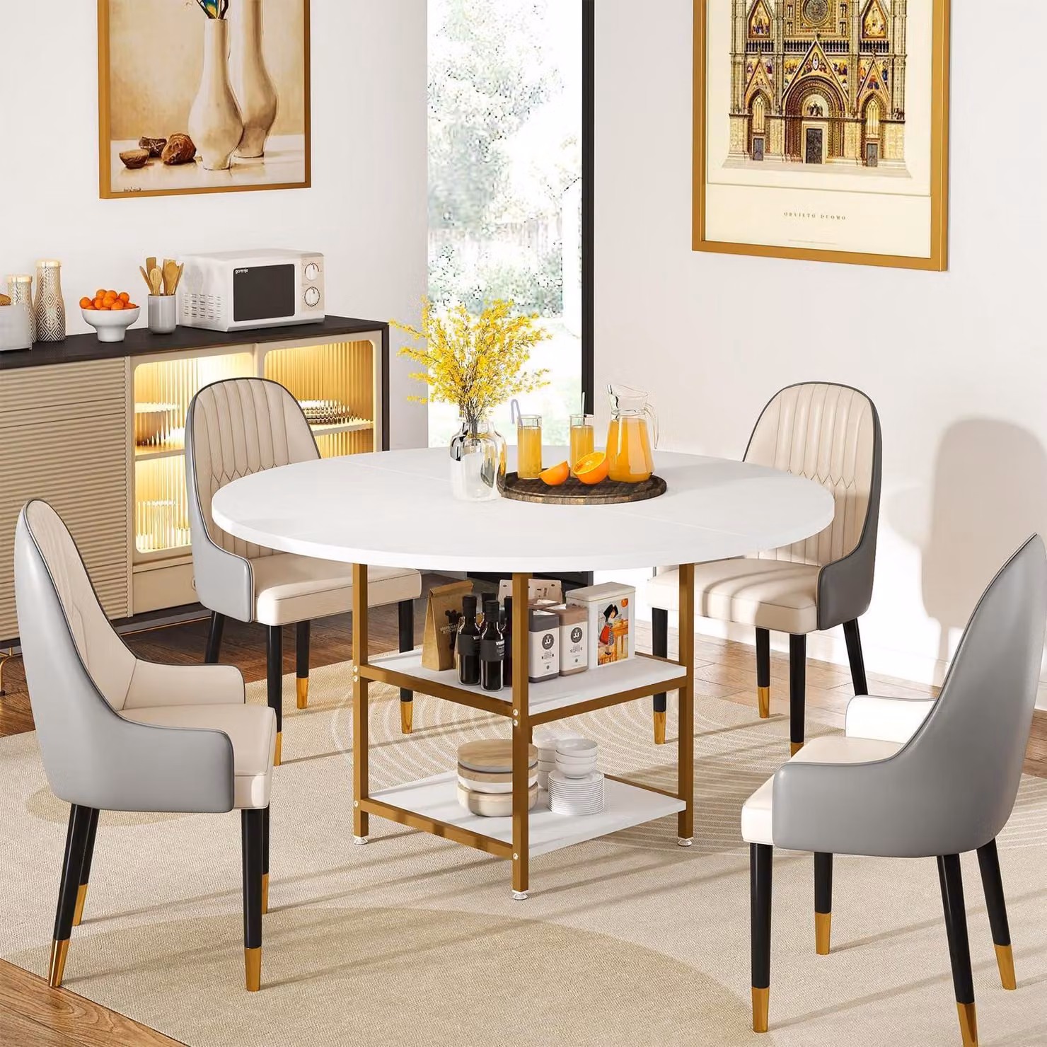 Tavolo rotondo da pranzo con ripiani, per 4 persone, dimensioni 120 x 75 cm, colore oro bianco