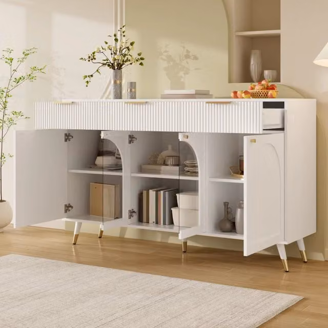 Madia bianca con 4 ante in acrilico, 3 cassetti e ripiani, chiusura ammortizzata per soggiorno 140×40×85.5 cm