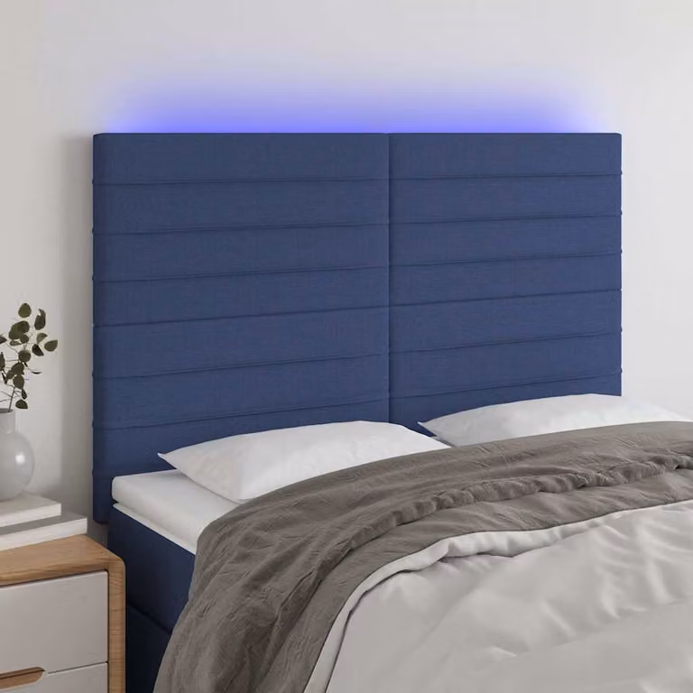 Testiera per letto vidaXL in tessuto blu con illuminazione LED integrata e porta di ricarica USB, L 144 cm, P 5 cm, H 118/128 cm