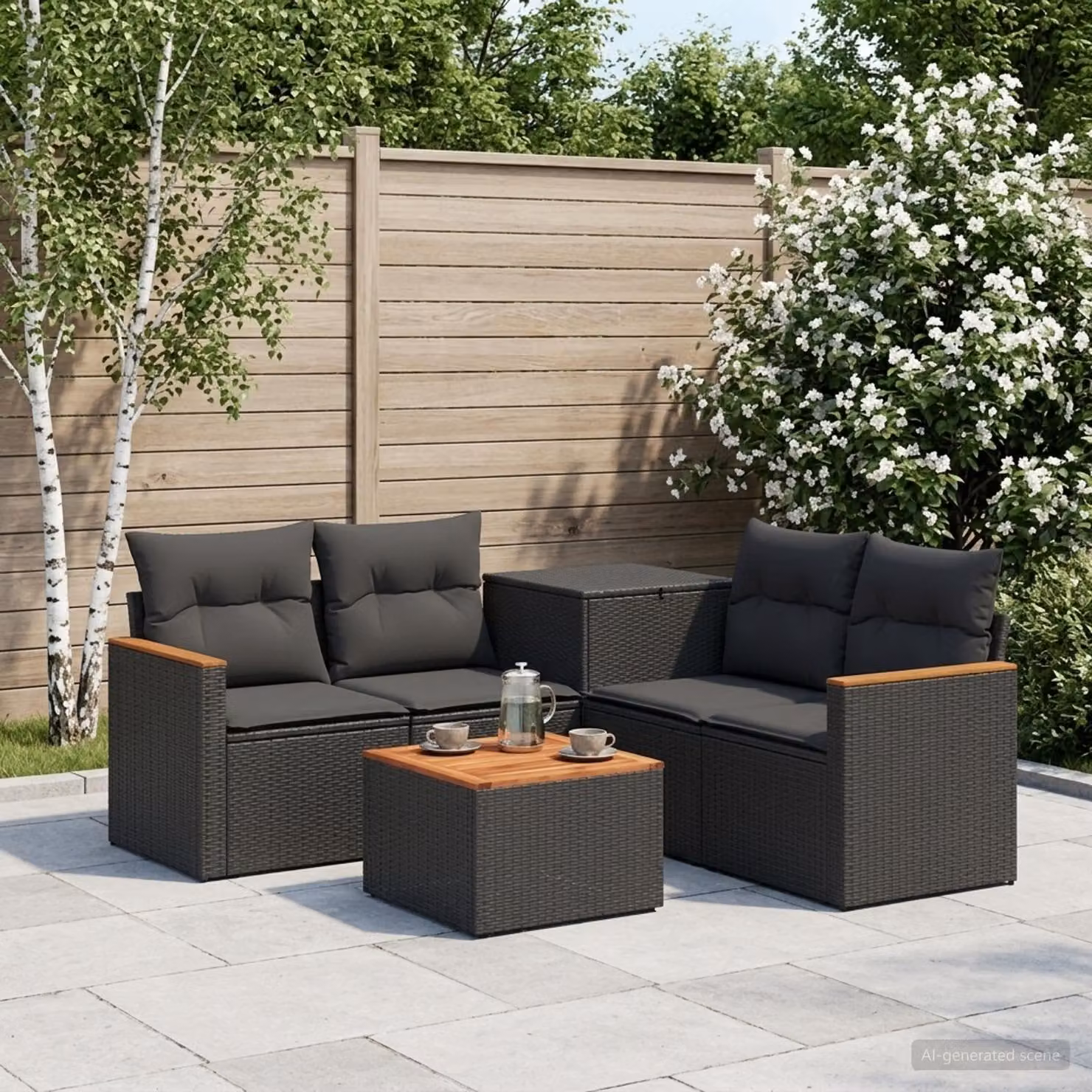Set di divani da giardino vidaXL in 6 pezzi con polyrattan e metallo nero, design moderno a forma di L con cuscini inclusi e tavolino da caffè