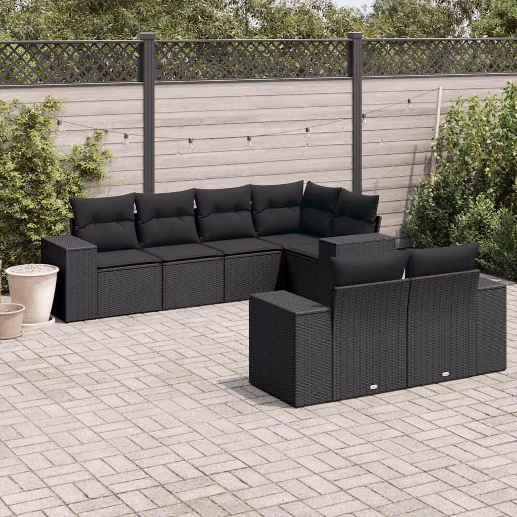vidaXL Set Divani da Giardino a L con Cuscini 7pz Nero in Polyrattan e Metallo – 1