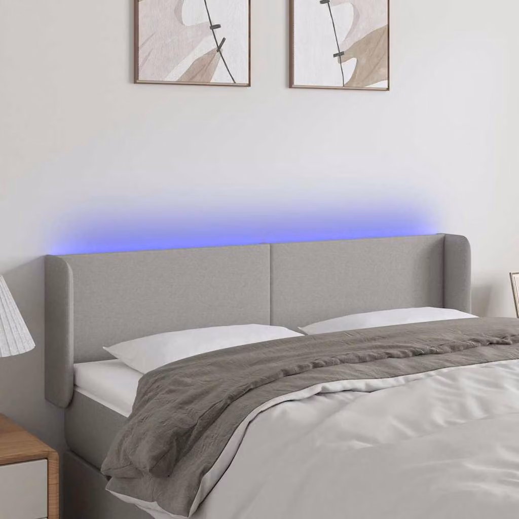 Testiera per letto vidaXL in tessuto grigio chiaro con illuminazione LED e porta di ricarica USB, L: 147 cm, P: 16 cm, H: 78-88 cm