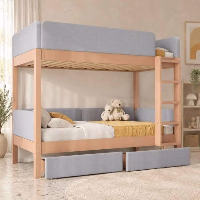 Letto a castello per bambini con 2 cassetti; scala a 4 gradini; 90x200 cm; grigio e naturale