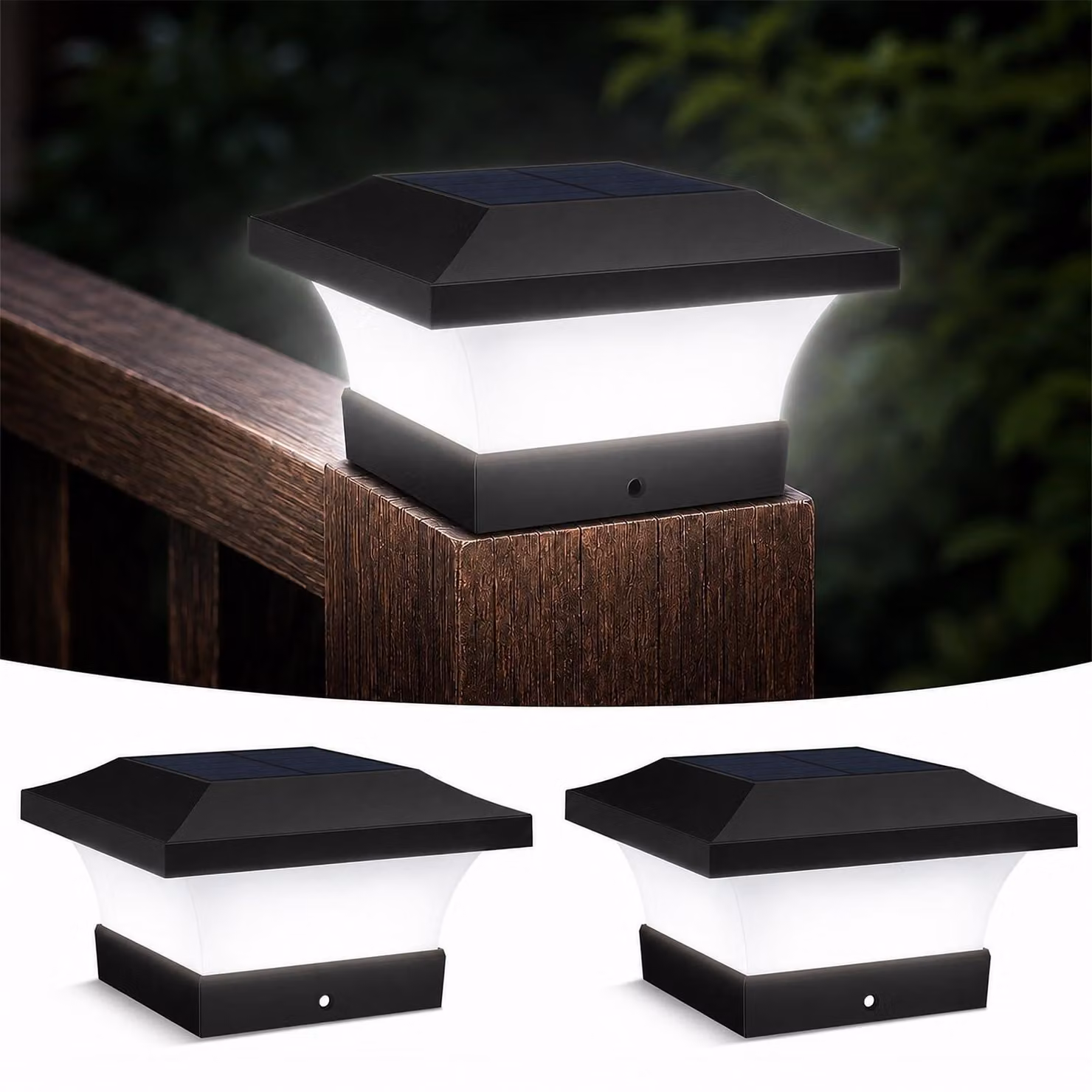 Set di 2 cappelli per pali solari, colore bianco freddo, grado di protezione IP65, per pali da 10x10 cm