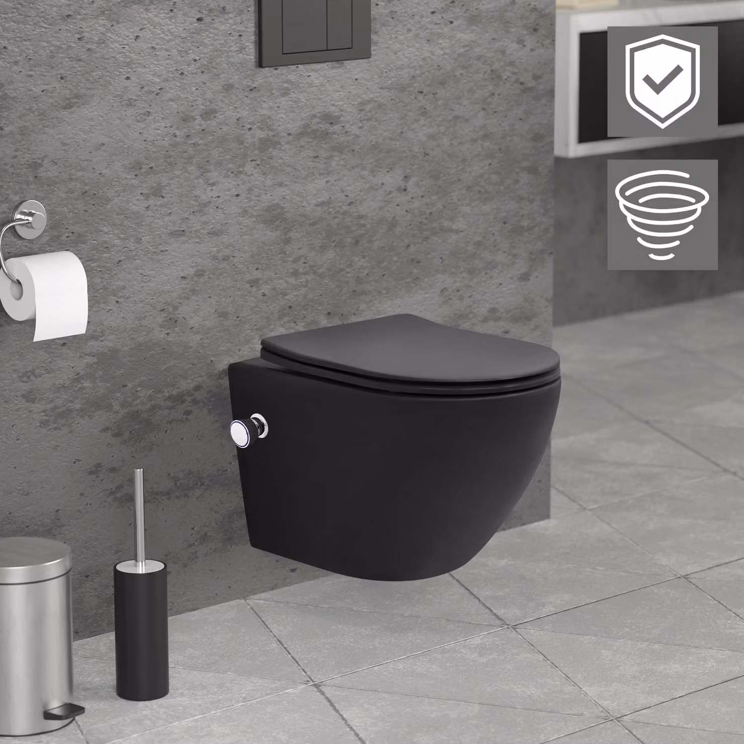 LuxeBath WC sospeso senza bordo con funzione bidet, nero, corto, a filo tornado, con nano rivestimento