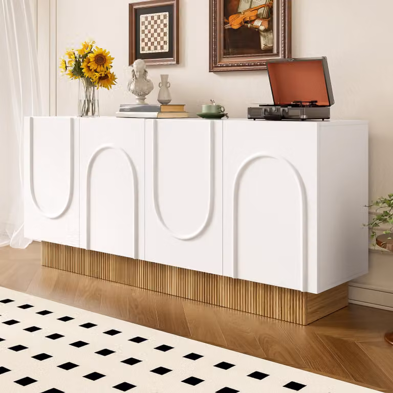 Merax Credenza moderna a 4 ante in look legno, design opaco con rilievi a U, cassettiera con ampio spazio per il soggiorno e la sala da pranzo, bianco
