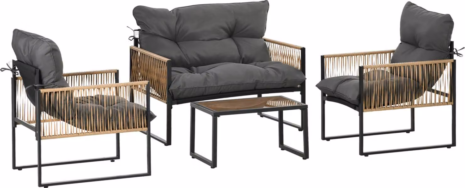 Set da giardino in rattan da 4 pezzi con cuscini, salottino da giardino, 1 tavolino in vetro, 2 poltrone, 1 divano a due posti, elegante salottino