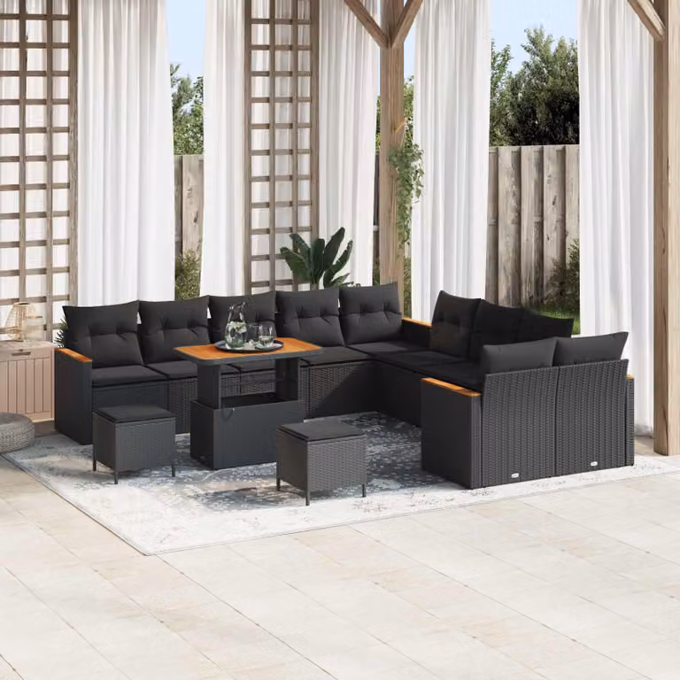 Set Divano da Giardino vidaXL 13 Pezzi in Polyrattan Nero con Cuscini e Tavolino