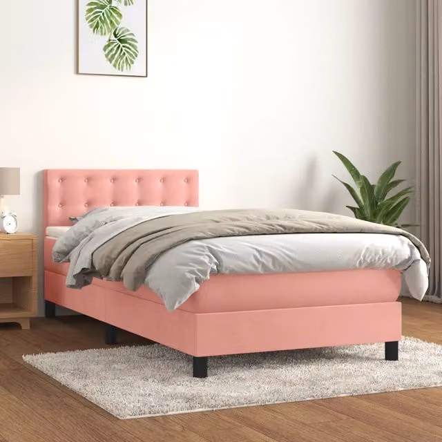 Letto con Giroletto a Molle e Materasso Ibrido vidaXL in Velluto Rosa e Bianco L/P/H: 190 x 90 x 78 cm – 1