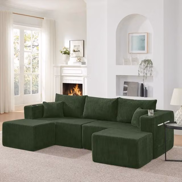 Divano angolare modulare 3 posti con pouf mobili portabicchieri tasche laterali e cuscini in velluto a coste verde