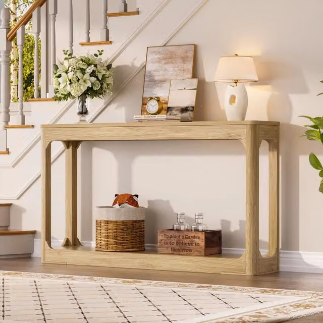 Consolle OKWISH in MDF con ripiani aperti, stile minimalista, colore beige, L: 140 cm, P: 30 cm, H: 80 cm