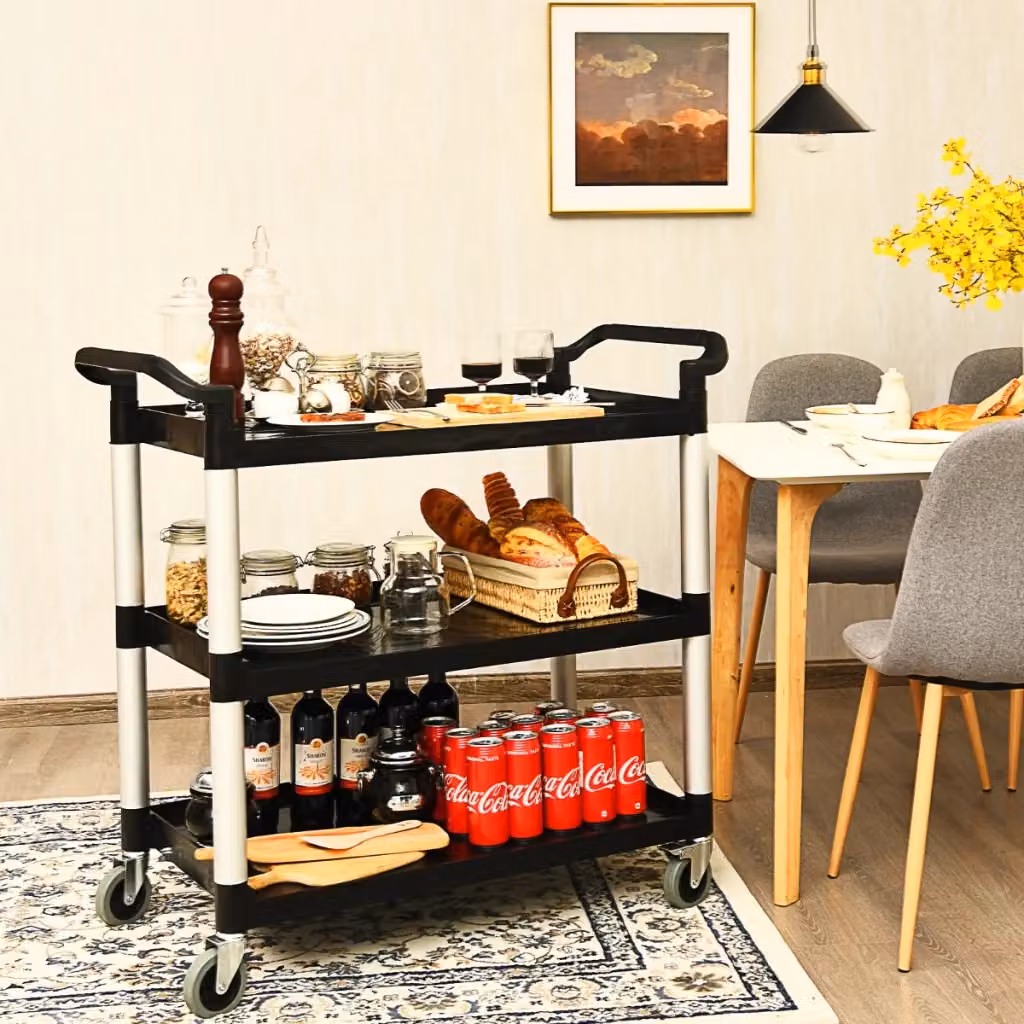 Carrello di servizio multiuso a 3 ripiani con maniglie e ruote flessibili con freni, colore nero – 2
