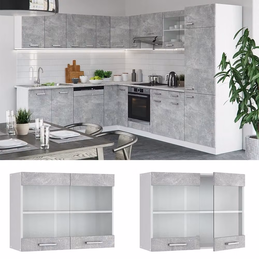 Pensile da cucina moderno Vicco R-Line con ante in vetro, Bianco e Grigio, L: 80 cm, H: 60 cm, P: 31 cm – 2