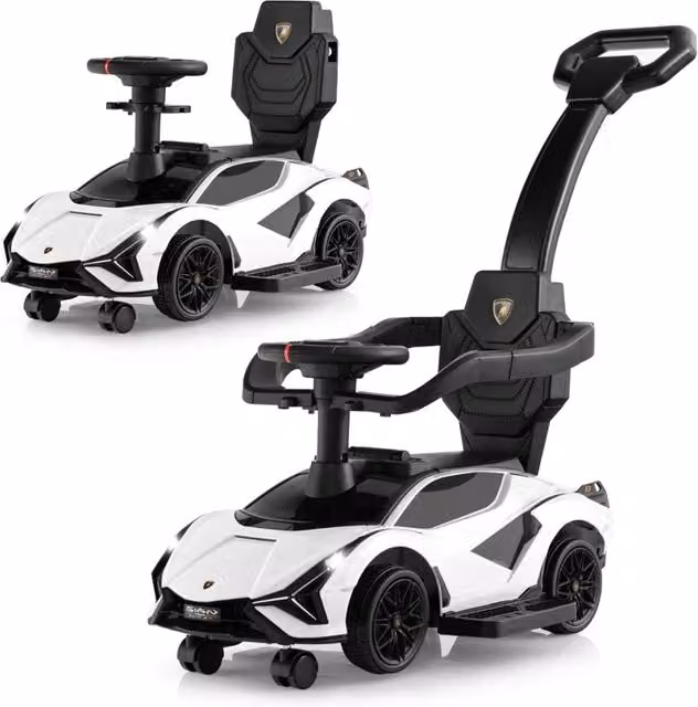 Auto da spinta 3-in-1 Lamborghini con manubrio rimovibile, musica e spazio di stoccaggio, Bianco – 1